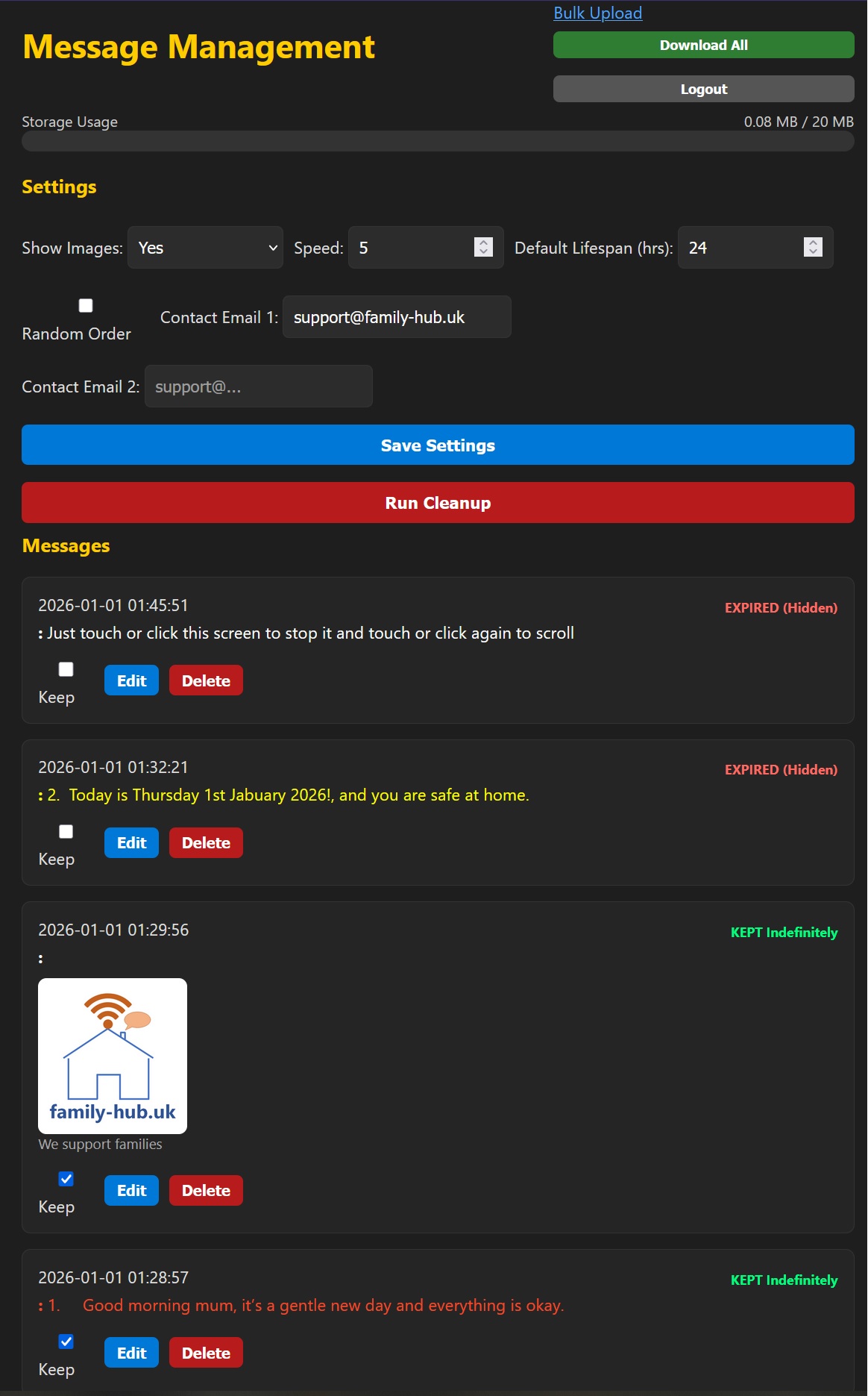 Screenshot of the admin page