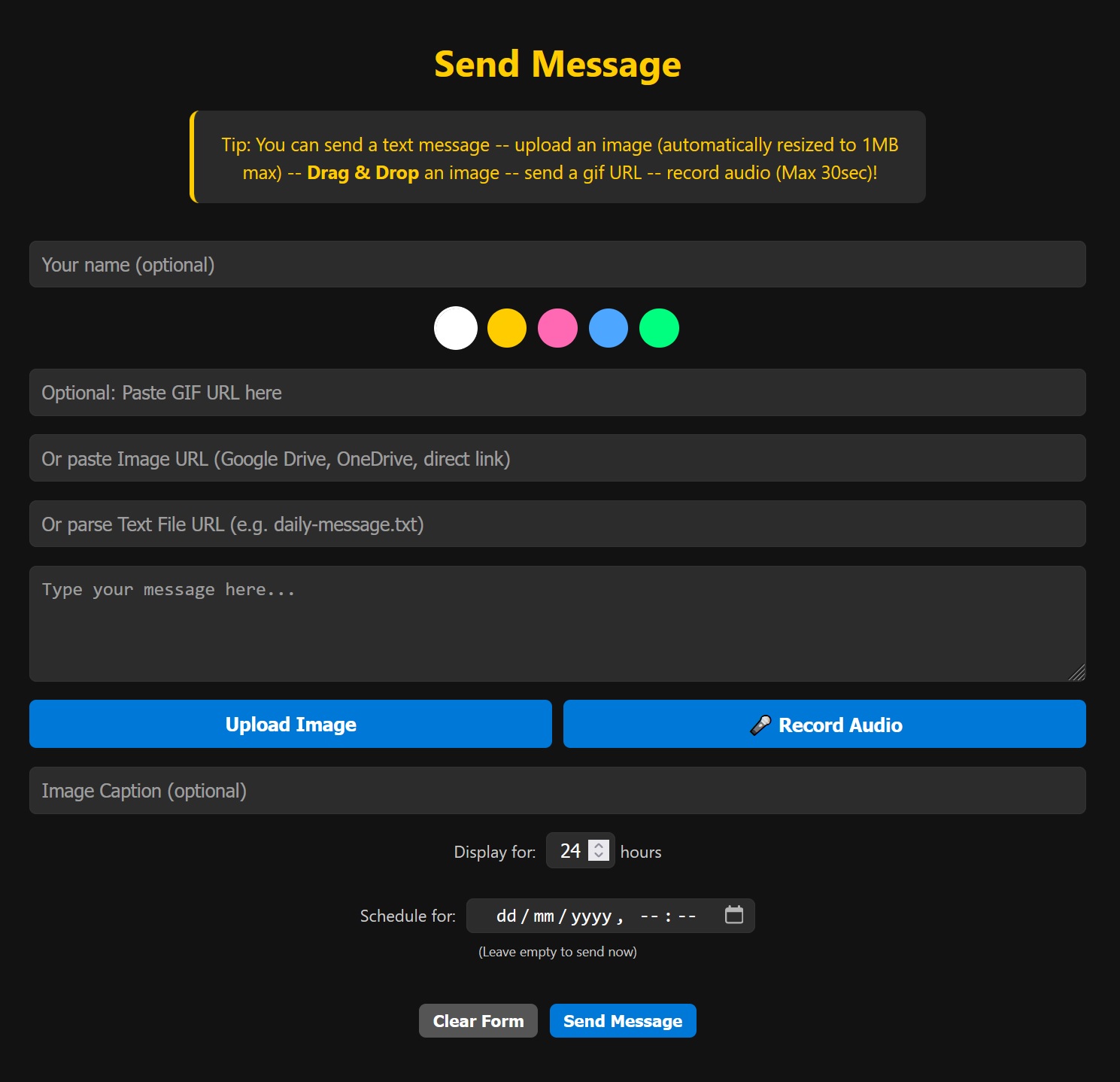 Screenshot of the send messages page